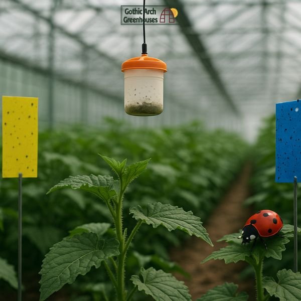 Biological pest control system inside a greenhouse featuring sticky traps, a hanging insect dispenser, and a ladybug on plant leaves used for natural pest management.