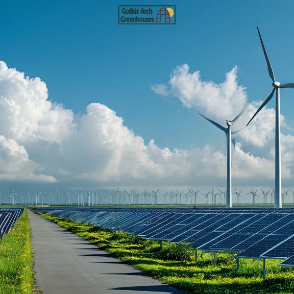 Illustration of next-generation energy systems featuring solar panels, wind turbines, and a modern battery storage unit set in a sustainable landscape with a bright sun