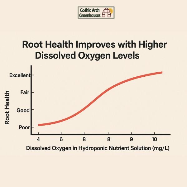 Line chart showing root health improves with higher dissolved oxygen levels in hydroponic nutrient solutions